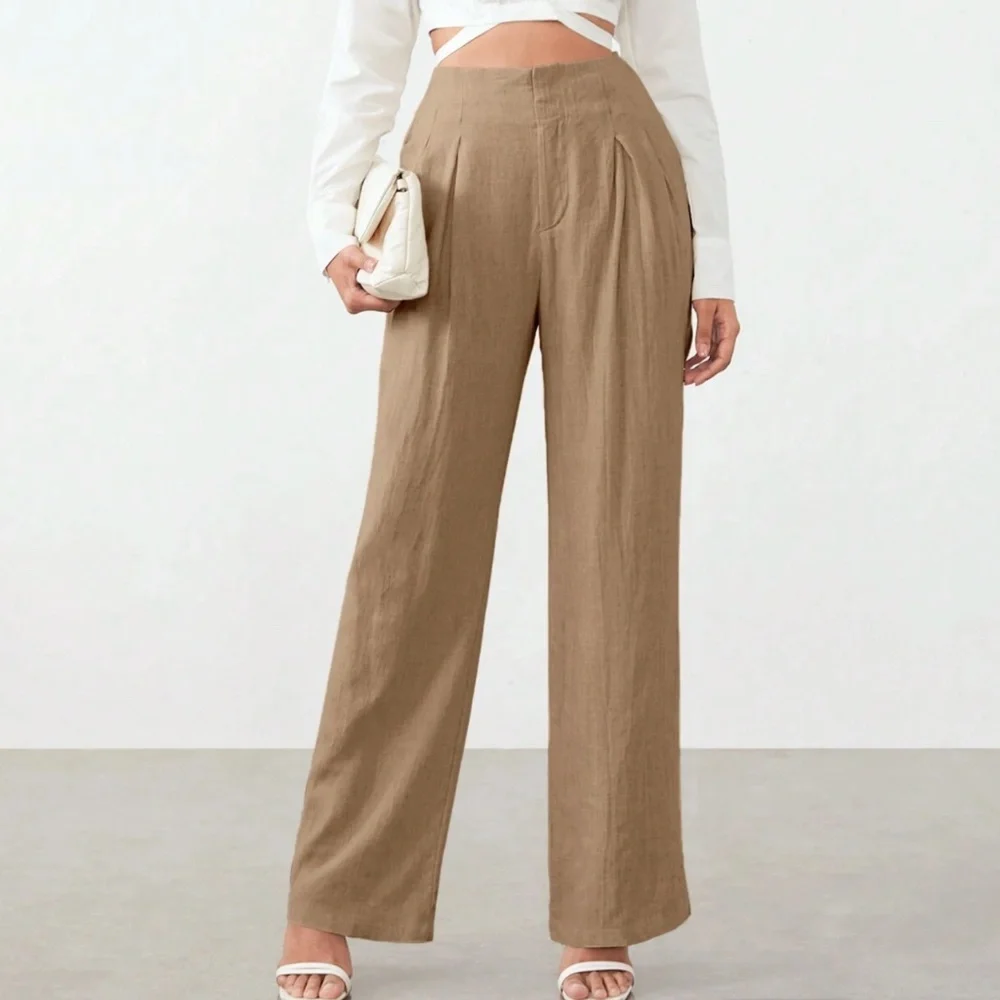 Classic Ivory Linen Wide Leg Pockets Pants Trousers - Picture 7 of 9